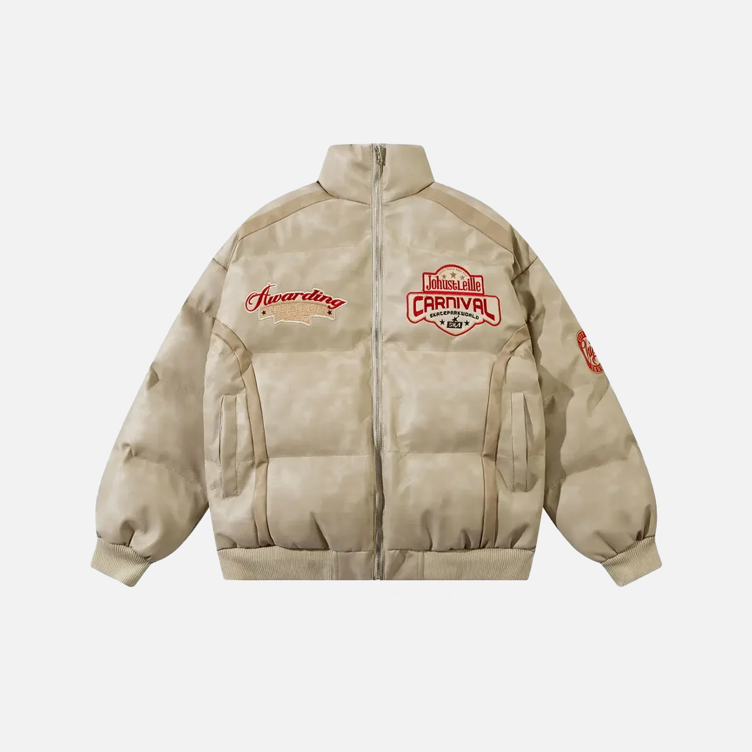 Spliced Patch Embroidery Leather Padded Jacket