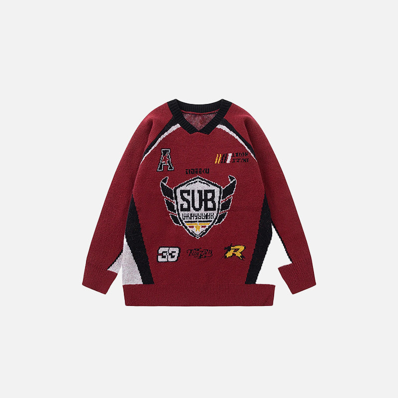 Front view of the red Champion's Crest Sweater in a gray background