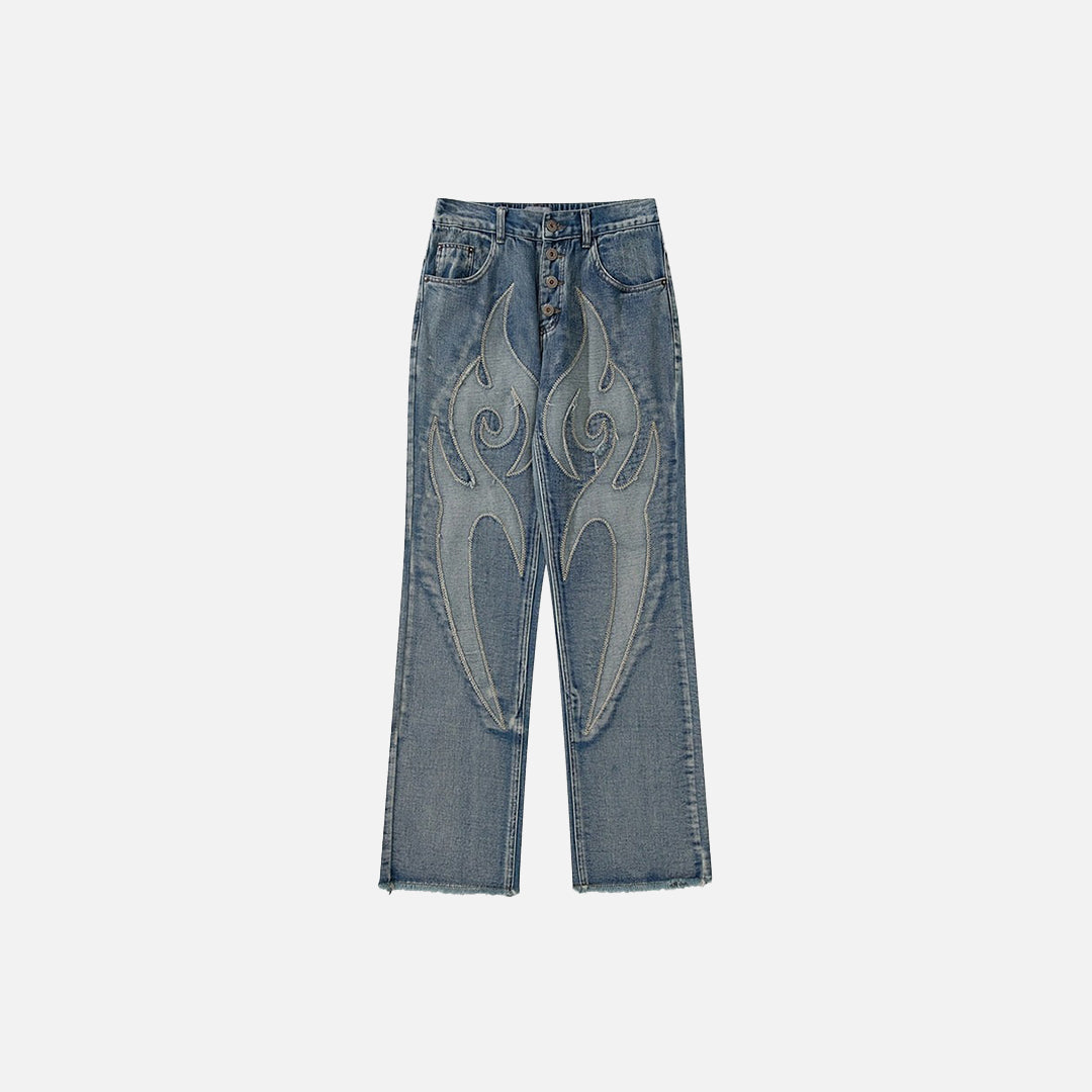 Flame Embroidery Denim Jeans