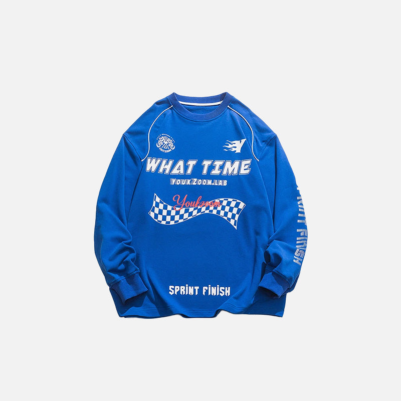 Front view of the blue Oversized Racing Loose Sweatshirt in a gray background