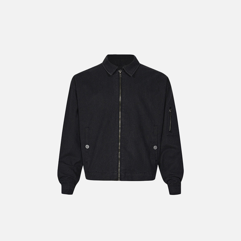 Front view of the black Y2k Loose Zip-up Denim Jacket in a gray background