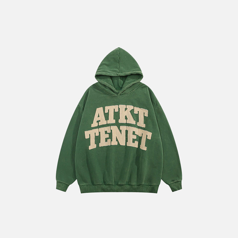 Front view of the dark green Loose Letter Prints Hoodie in a gray background
