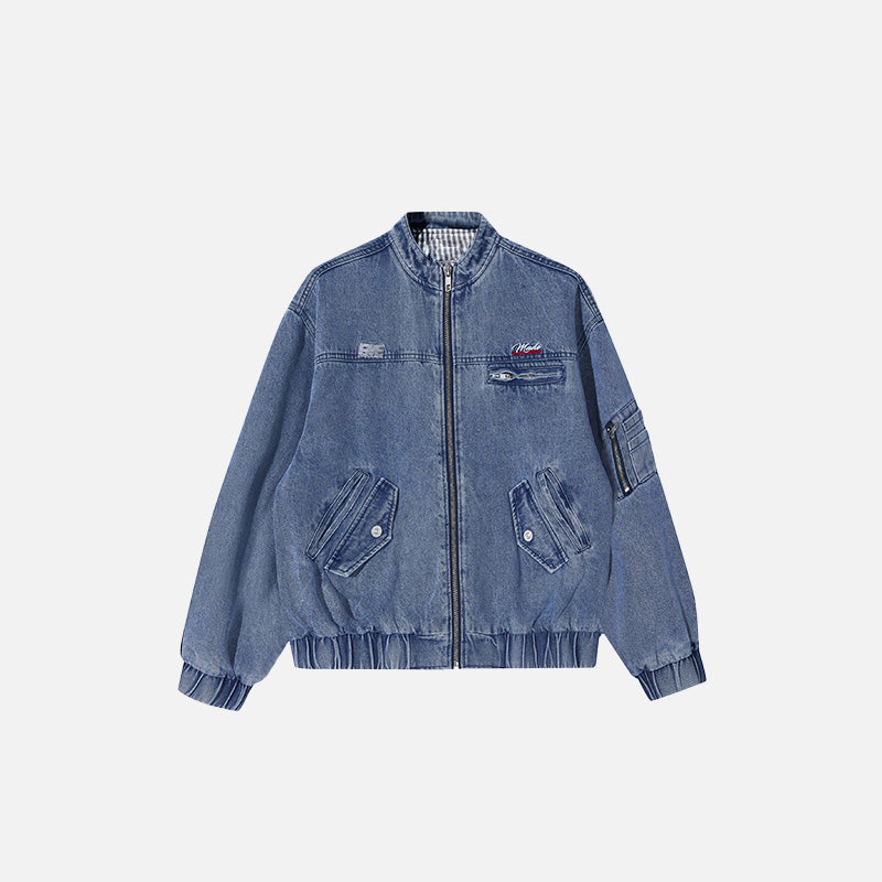 Front view of the blue Y2k Washed Cowboy Zip-up Jacket in a gray background