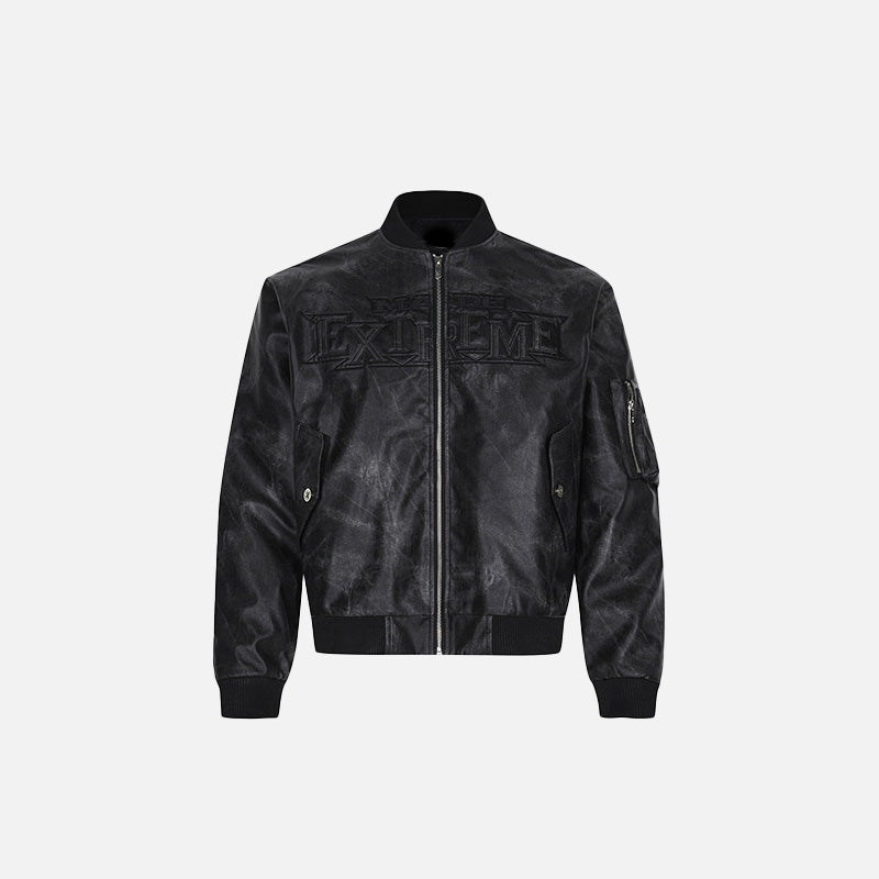 Front view of the black Loose Washed Embroidered Jacket in a gray background