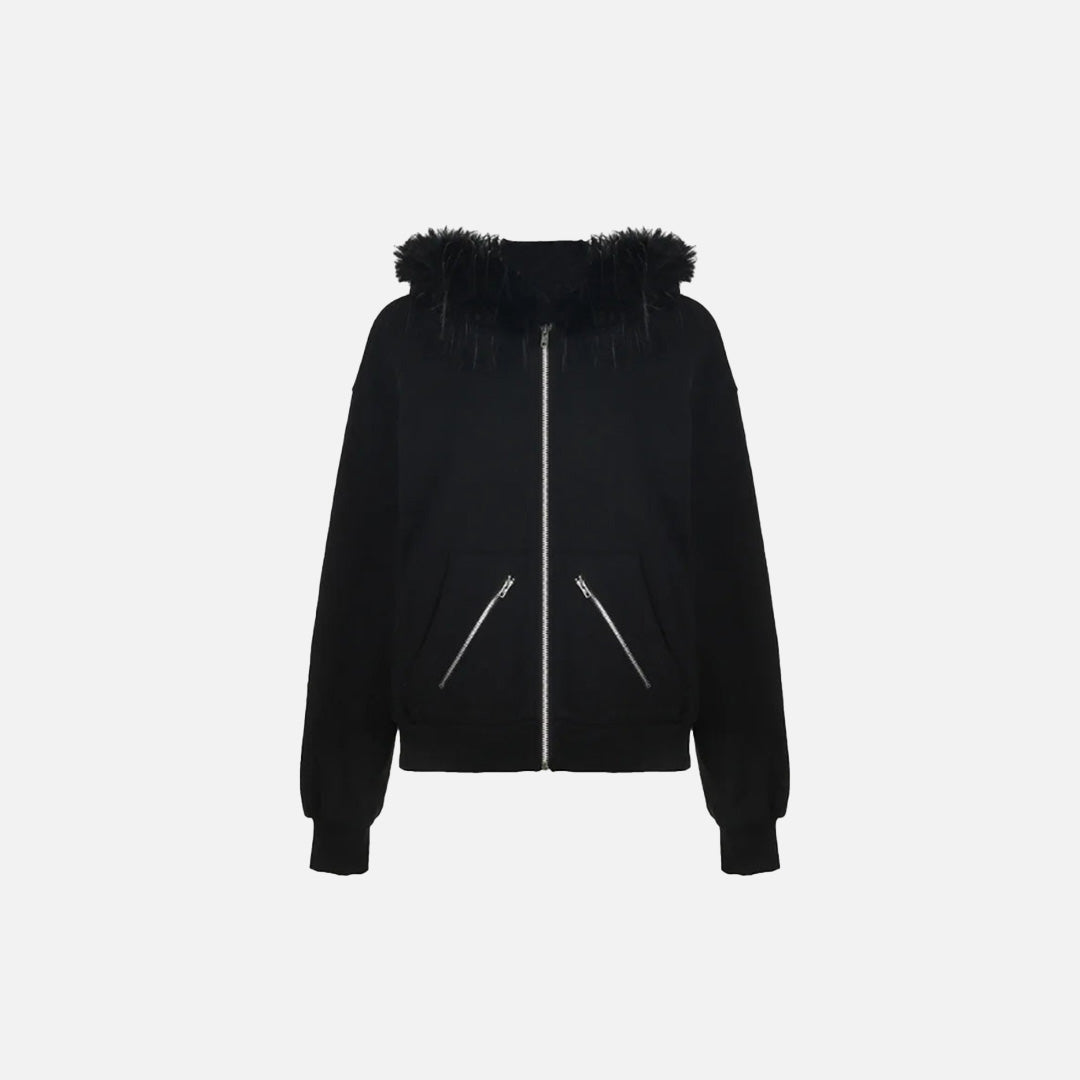 Front view of the black Fur-Hooded Arctic Jacket in a gray background