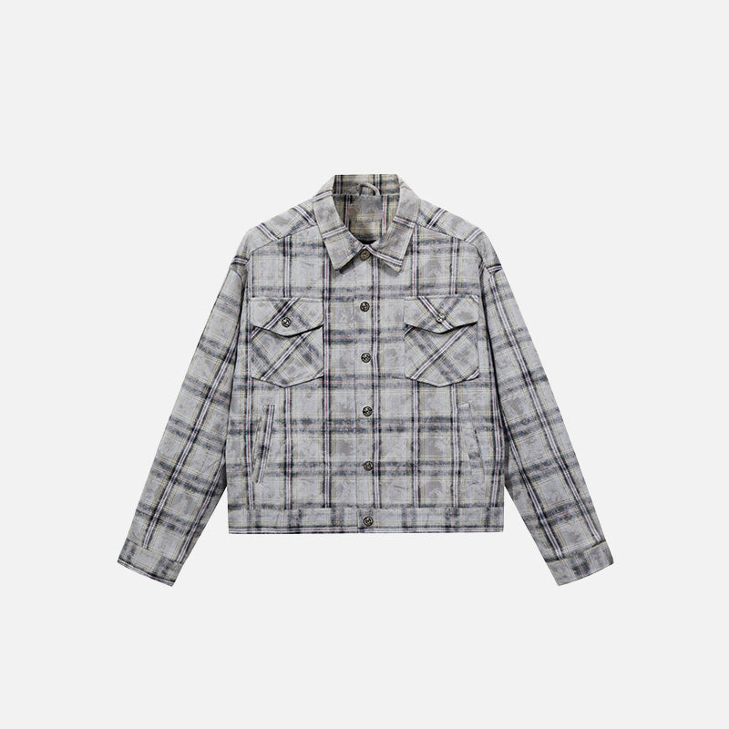 Front view of the grey Loose Plaid Tie-Dye Shirt in a gray background