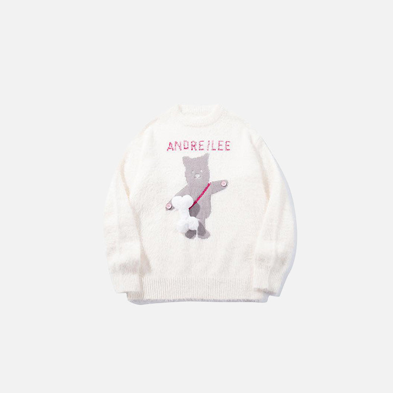 Front view of the apricot Graphic Bear Embroidered Sweater in a gray background