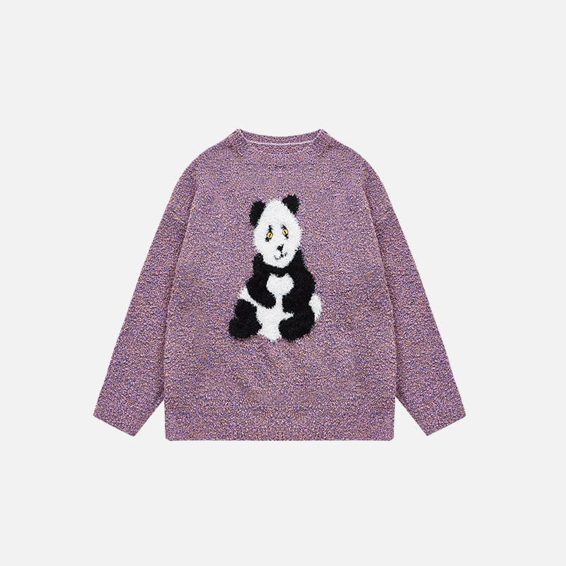 Front view of the purple Loose Panda Knitted Sweater in a gray background