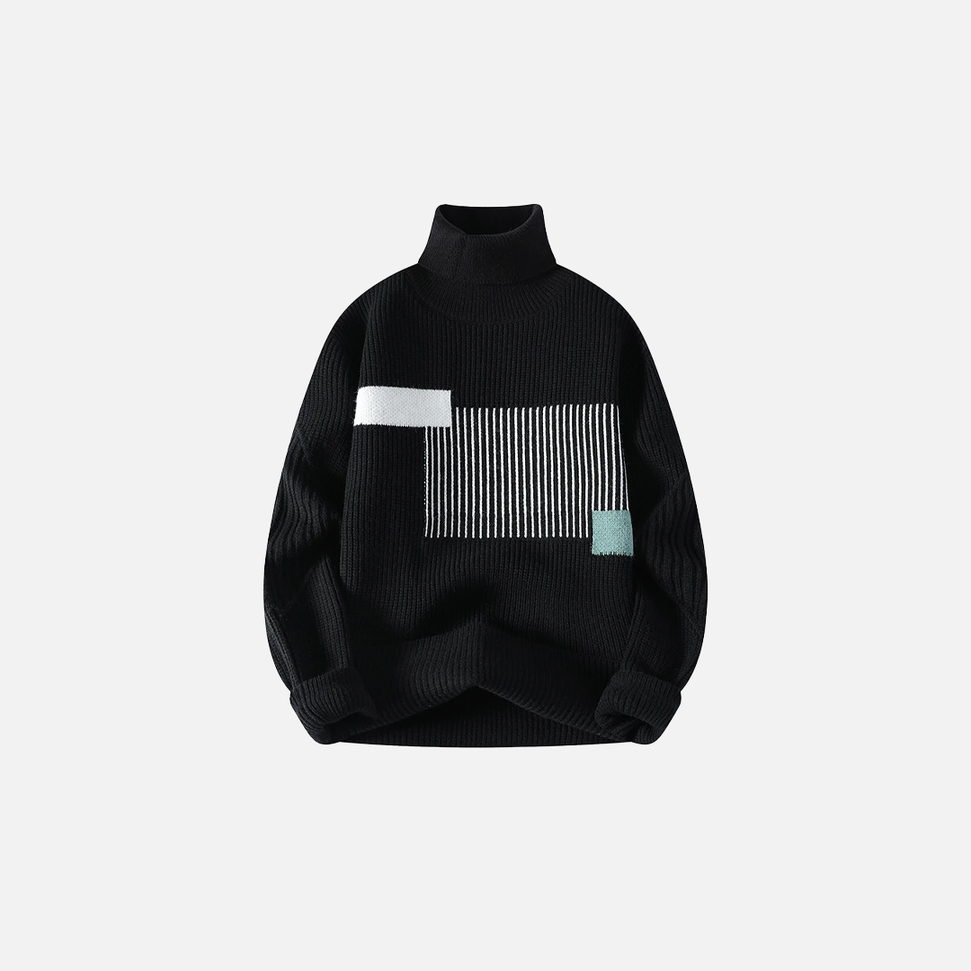Cozy Patchwork Knit Turtleneck Pullover Sweater