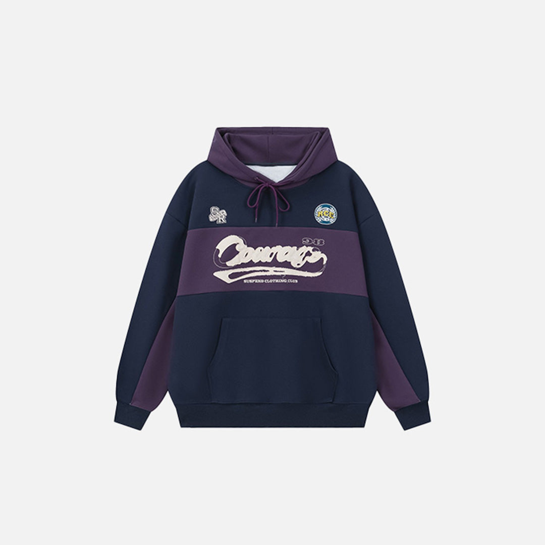 Front view of the purple Retro Vibes Hoodie in a gray background