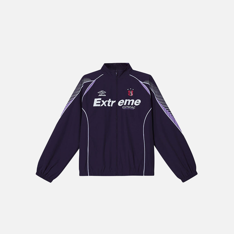 Front view of the purple Loose Letter Printed Sports Jacket in a gray background