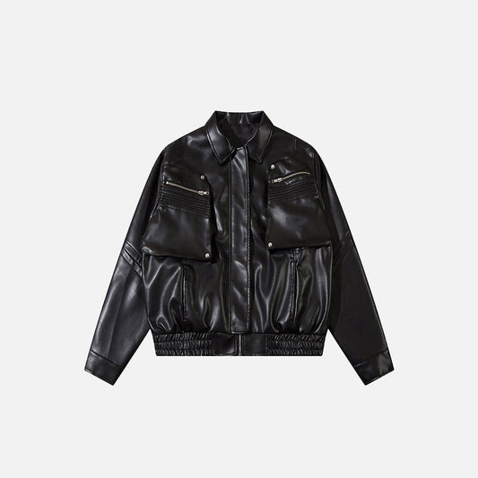 Solid Color Pockets Leather Jacket