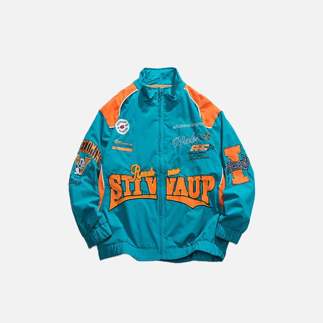 Front view of the blue Letter-Embroidered Racing Jacket in a gray background