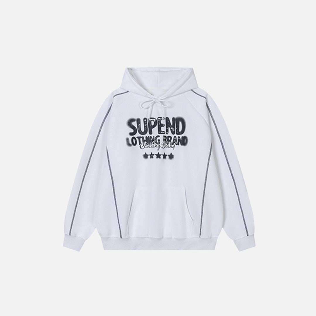 Front view of the white Supend Star Hoodie in a gray background