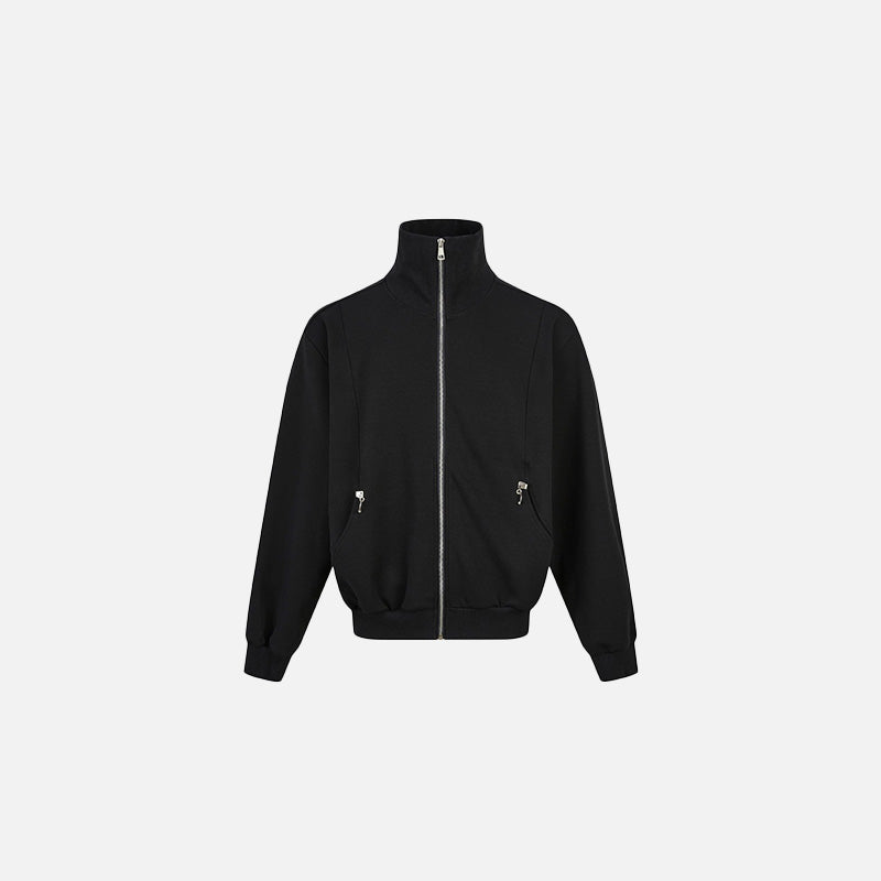 Front view of the High-Collar Zippered Jacket in a gray background