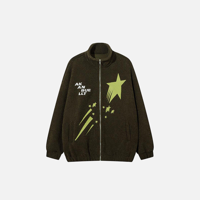 Front view of the green Meteor Star Print Fleece Jacket in a gray background