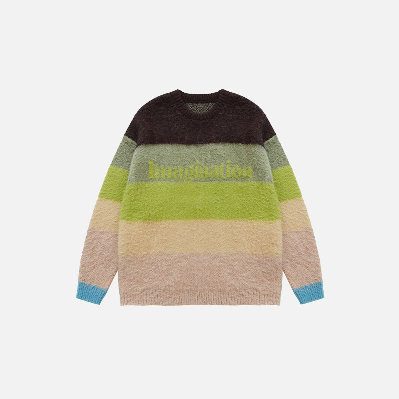 Front view of the green Fuzzy Loose Striped Contrast Color Sweater in a gray background