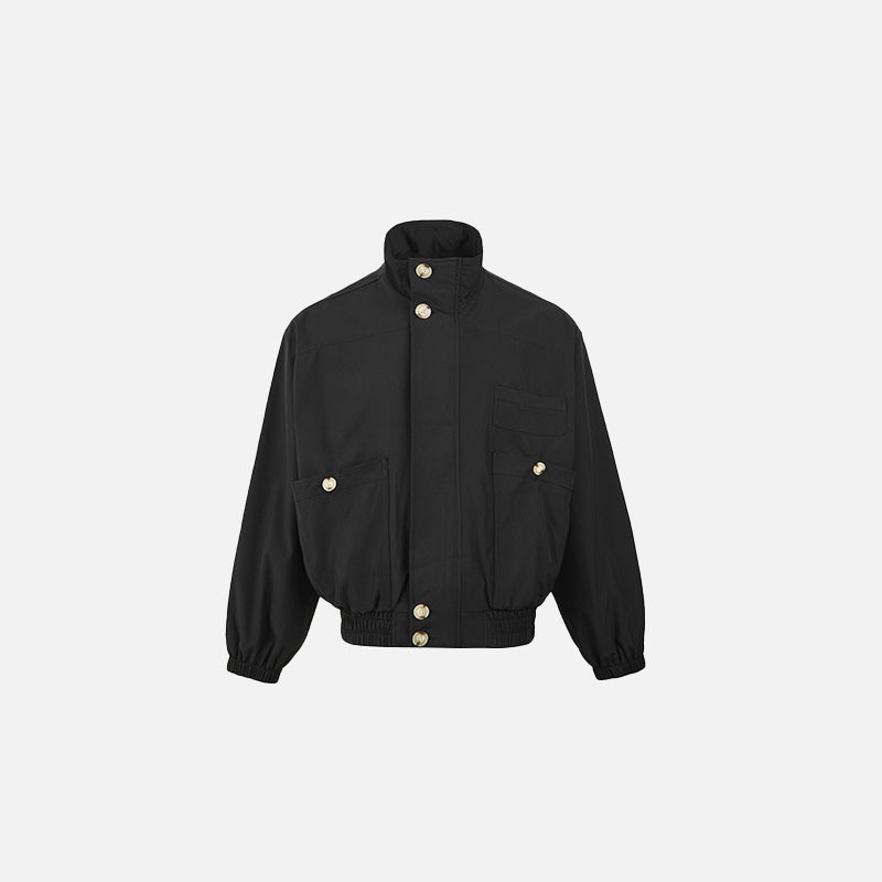 Front view of the black High-Collar Bomber Jacket in a gray gray background