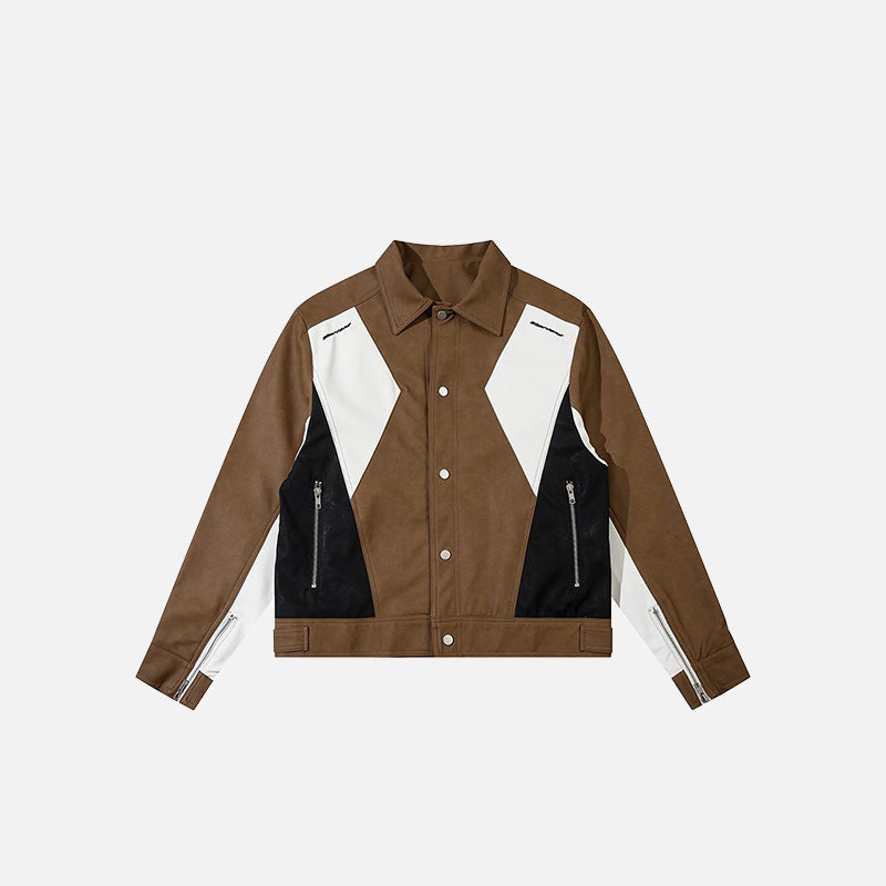 Retro Color Block PU Leather Jacket