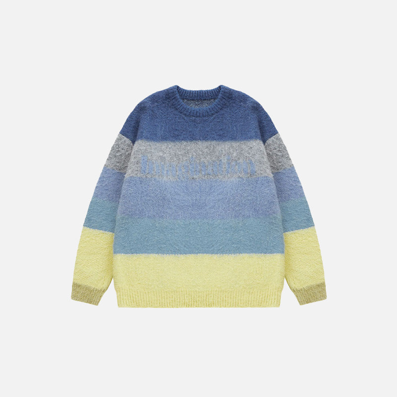 Front view of the blue Fuzzy Loose Striped Contrast Color Sweater in a gray background