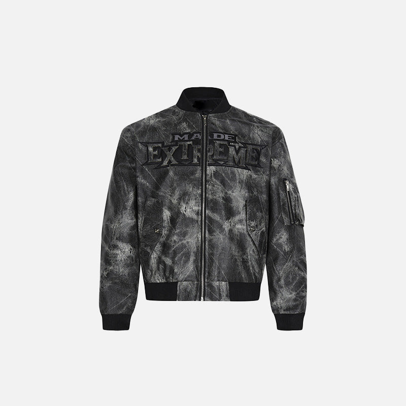 Front view of the grey Loose Washed Embroidered Jacket in a gray background