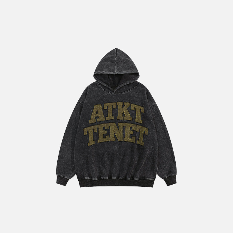 Front view of the black Loose Letter Prints Hoodie in a gray background