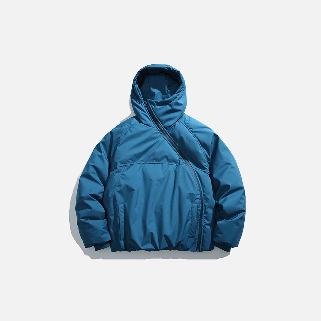 Front view of the blue Cross-Zip Quilted Jacket in a gray background