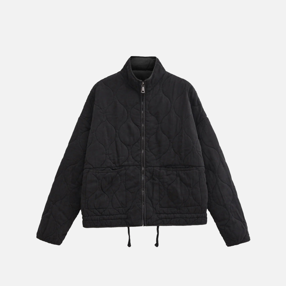 Front view of the black Quilted Zip-Up Jacket in a gray background