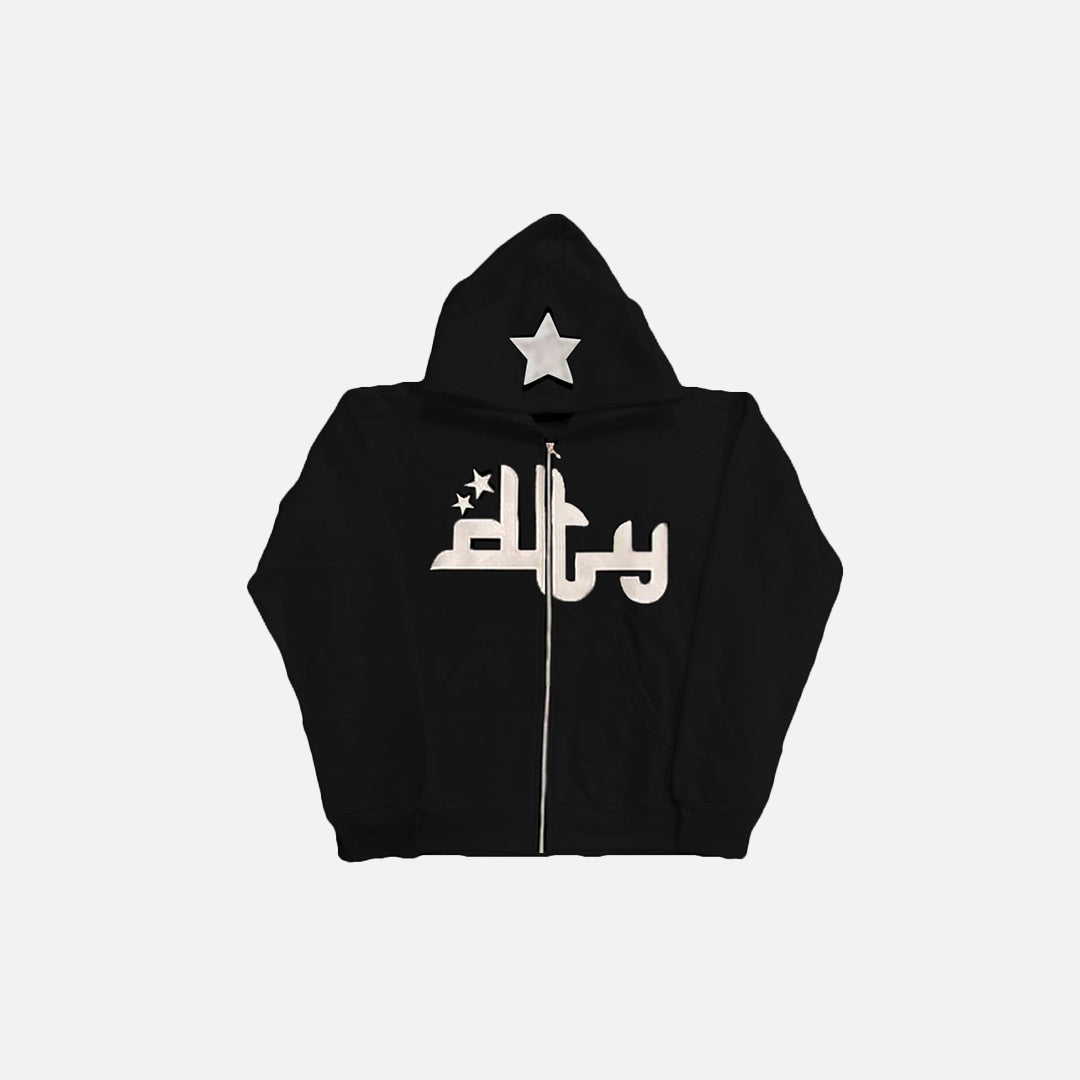 A front view of the black DTY Hoodies in gray background