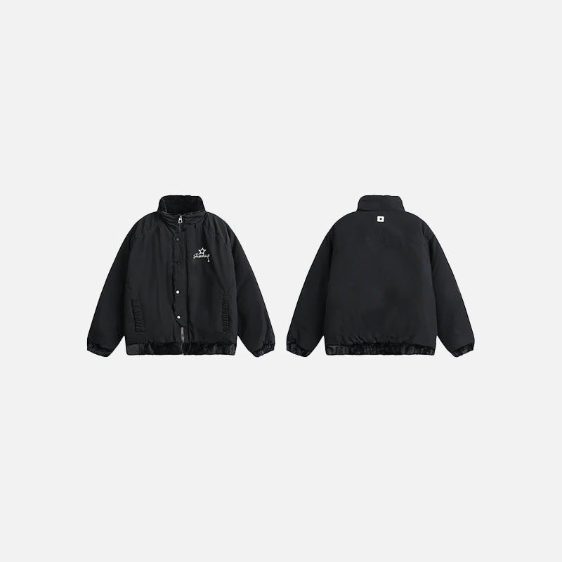 Front & Back view of the black Chic Fleece-Lined Jacket in a gray background