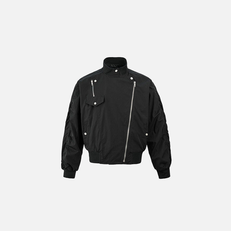 Front view of the black Utility Pocket Aviator Jacket in a gray background