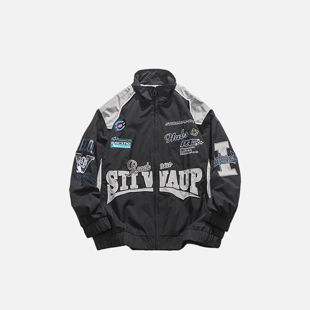 Front view of the black Letter-Embroidered Racing Jacket in a gray background