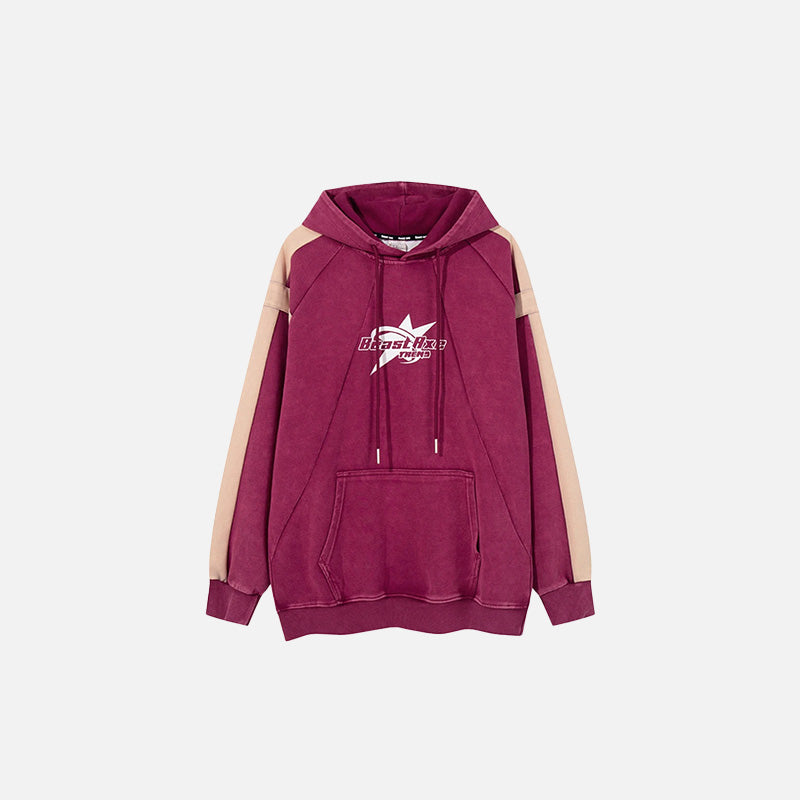 Front view of the red Star Emblem Contrast Hoodie in an gray background