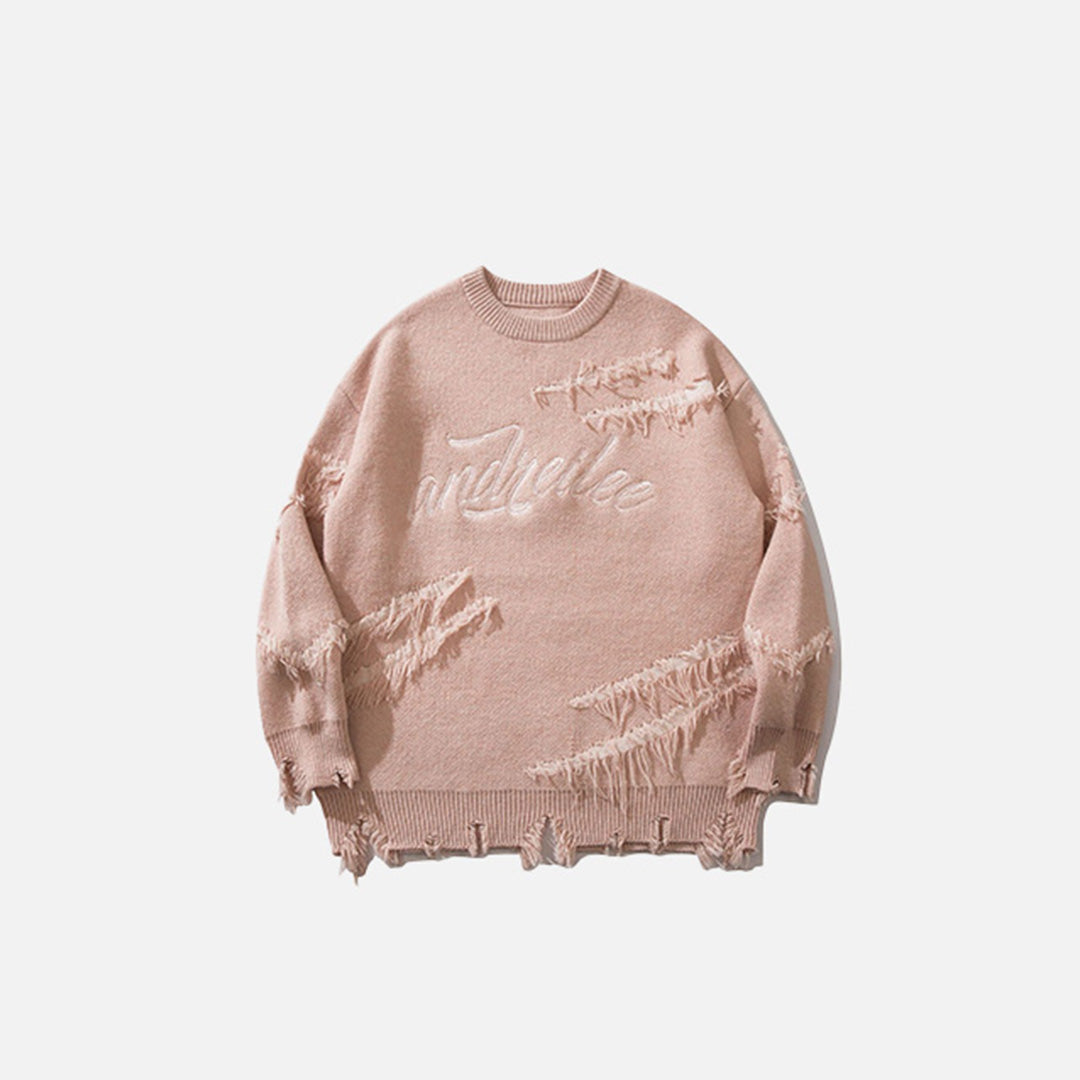 Front view of the pink Ripped Artisan Sweater in a gray background