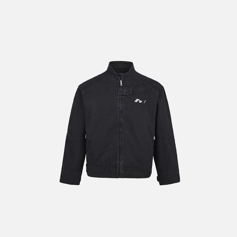 Front view of the black Sleek Performance Track Jacket in a gray background