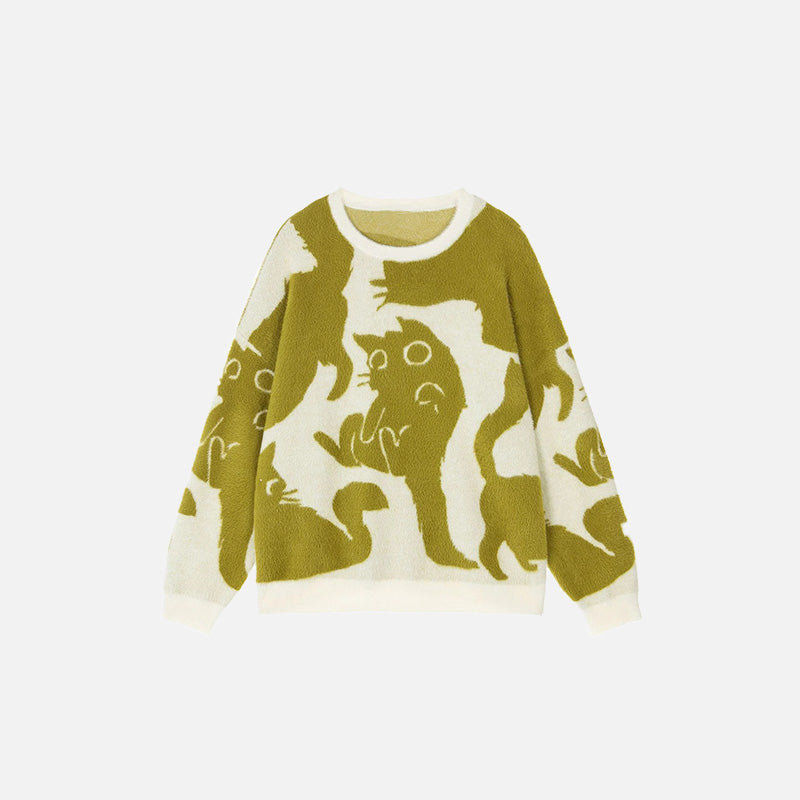 Front view of the yellow Mystic Cat Silhouettes Sweater in a gray background