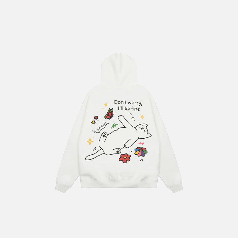 Back view of the white Happy Cat Comfort Hoodie in a gray background