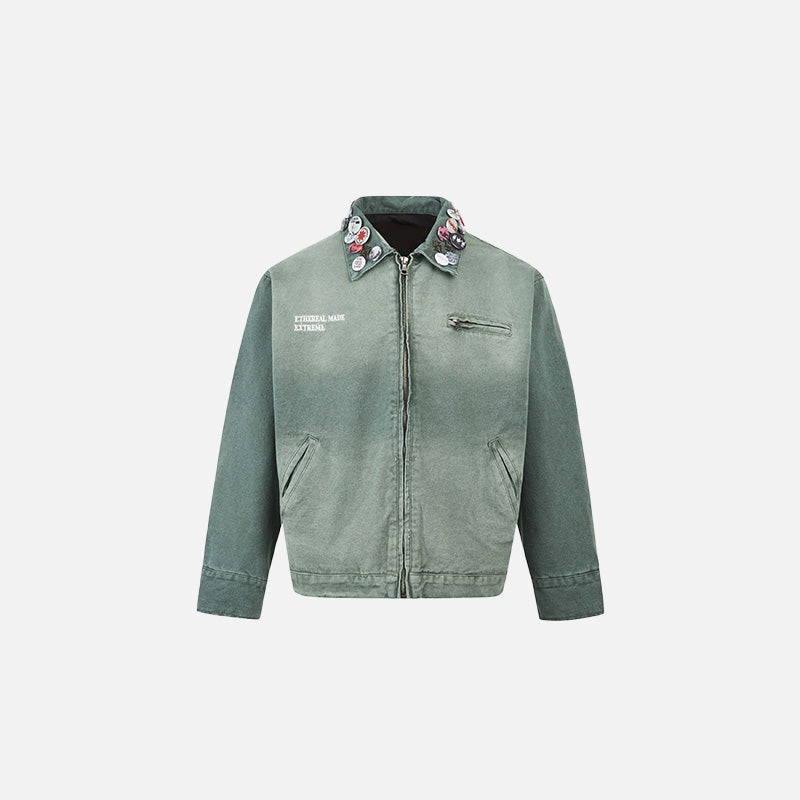 Front view 0f the green Y2K Urban Shadow Jacket in a gray background