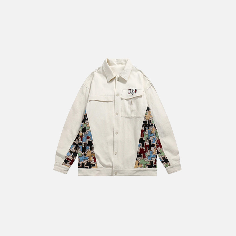 Front view of the beige Patchwork Pop Jacket in a gray background