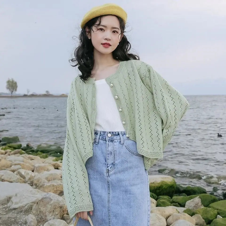 Elegant Hollow Out Button Up Cardigan