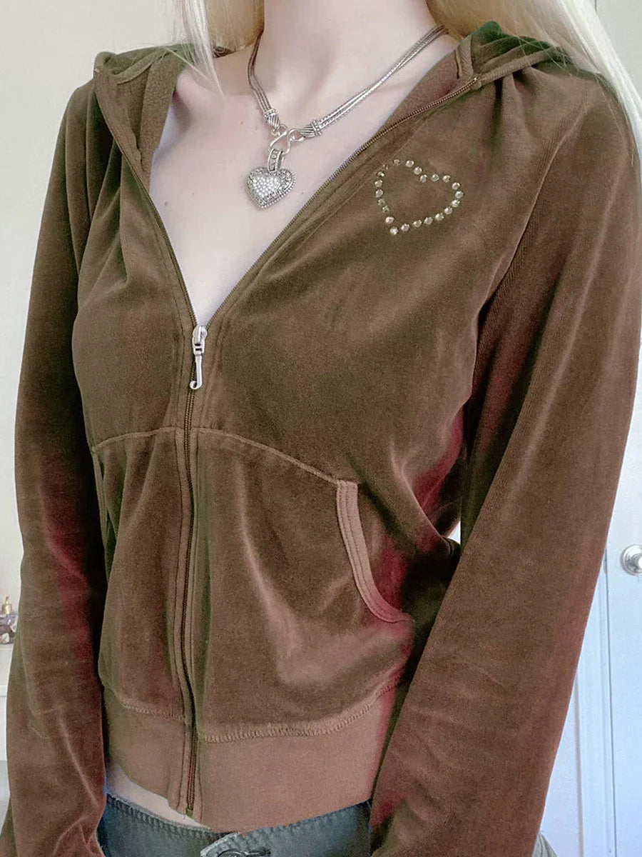 Y2K Crystal Heart Zip-Up Hoodie
