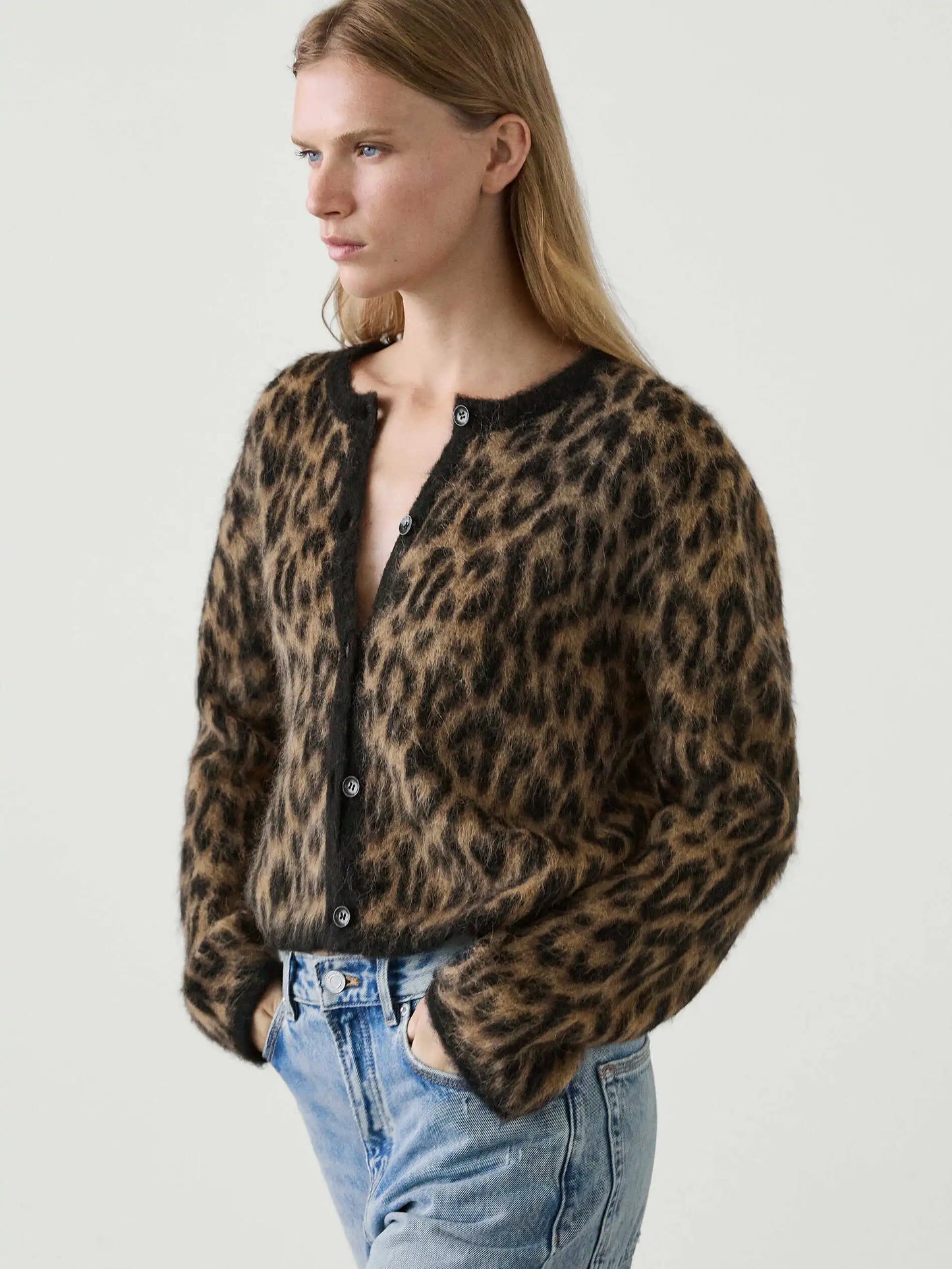 Ethereal Brown Leopard Print Round Neck Cardigan