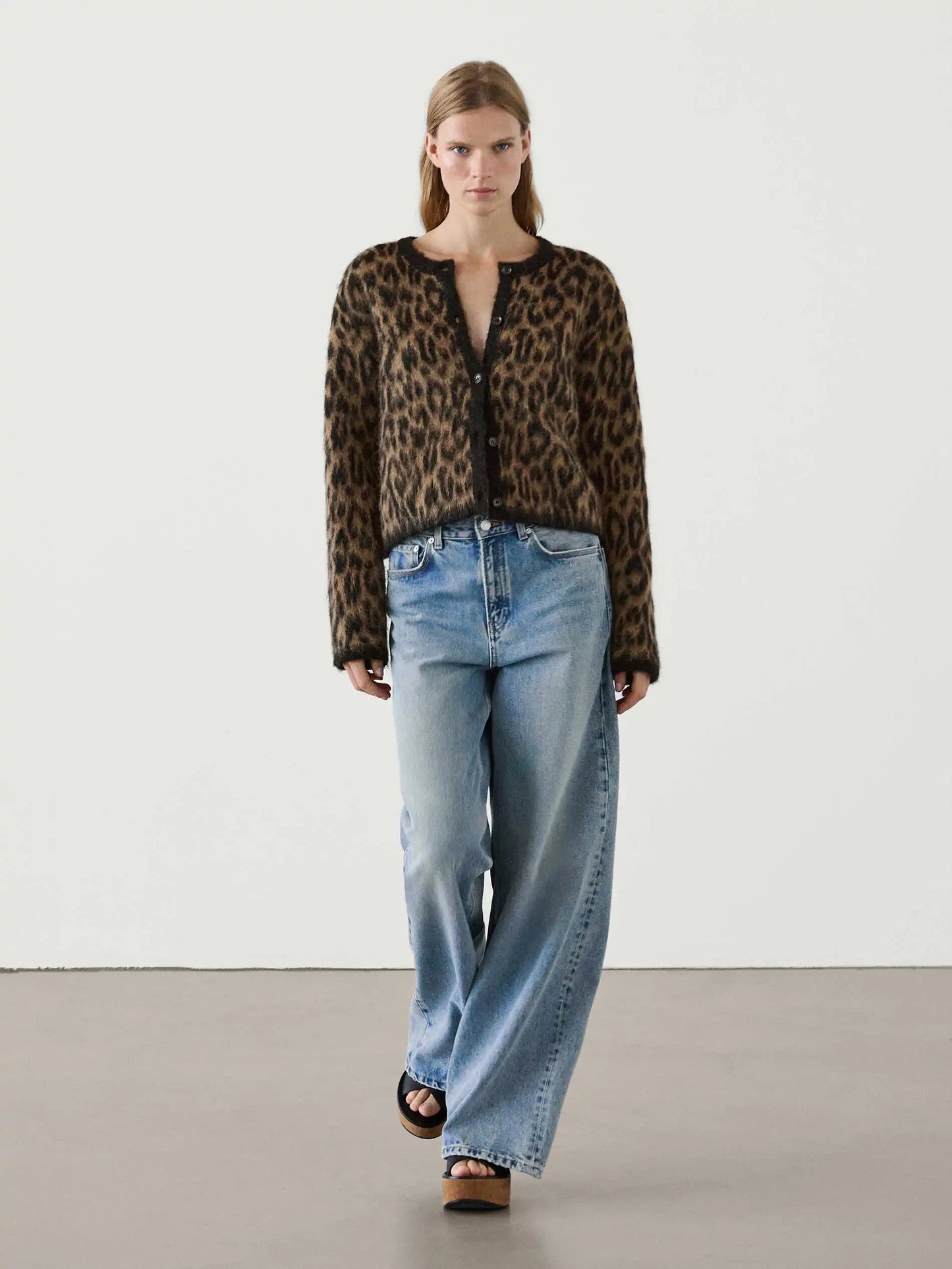 Ethereal Brown Leopard Print Round Neck Cardigan