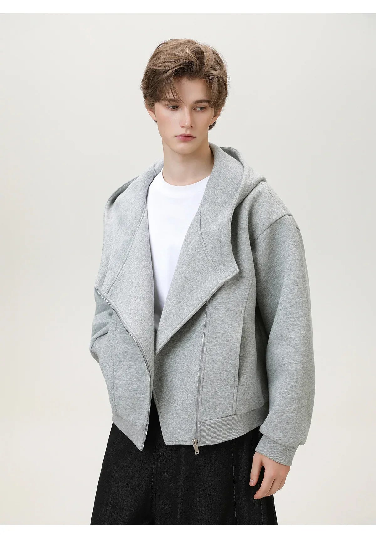 Textured Slant Zipper Hooded Sweatshirt
