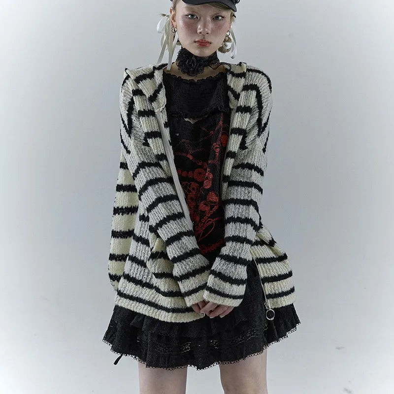 Grunge Vintage Rabbit Ears Striped Cardigan