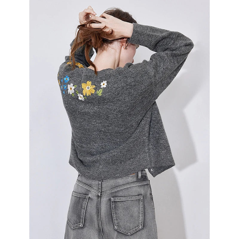 Floral Embroidered Round Neck Cardigan