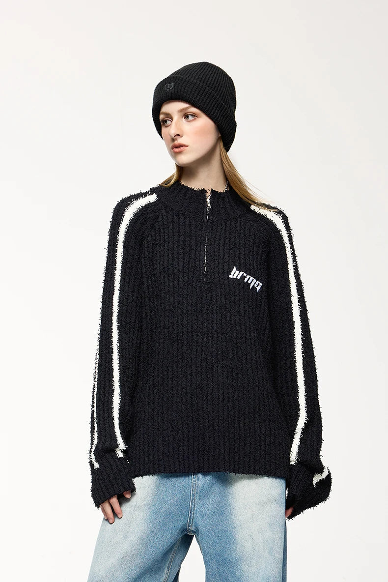 Model wearing the black Textured Stripe Sweater