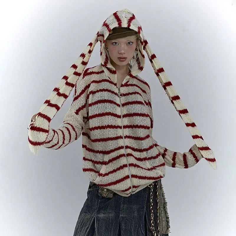 Grunge Vintage Rabbit Ears Striped Cardigan