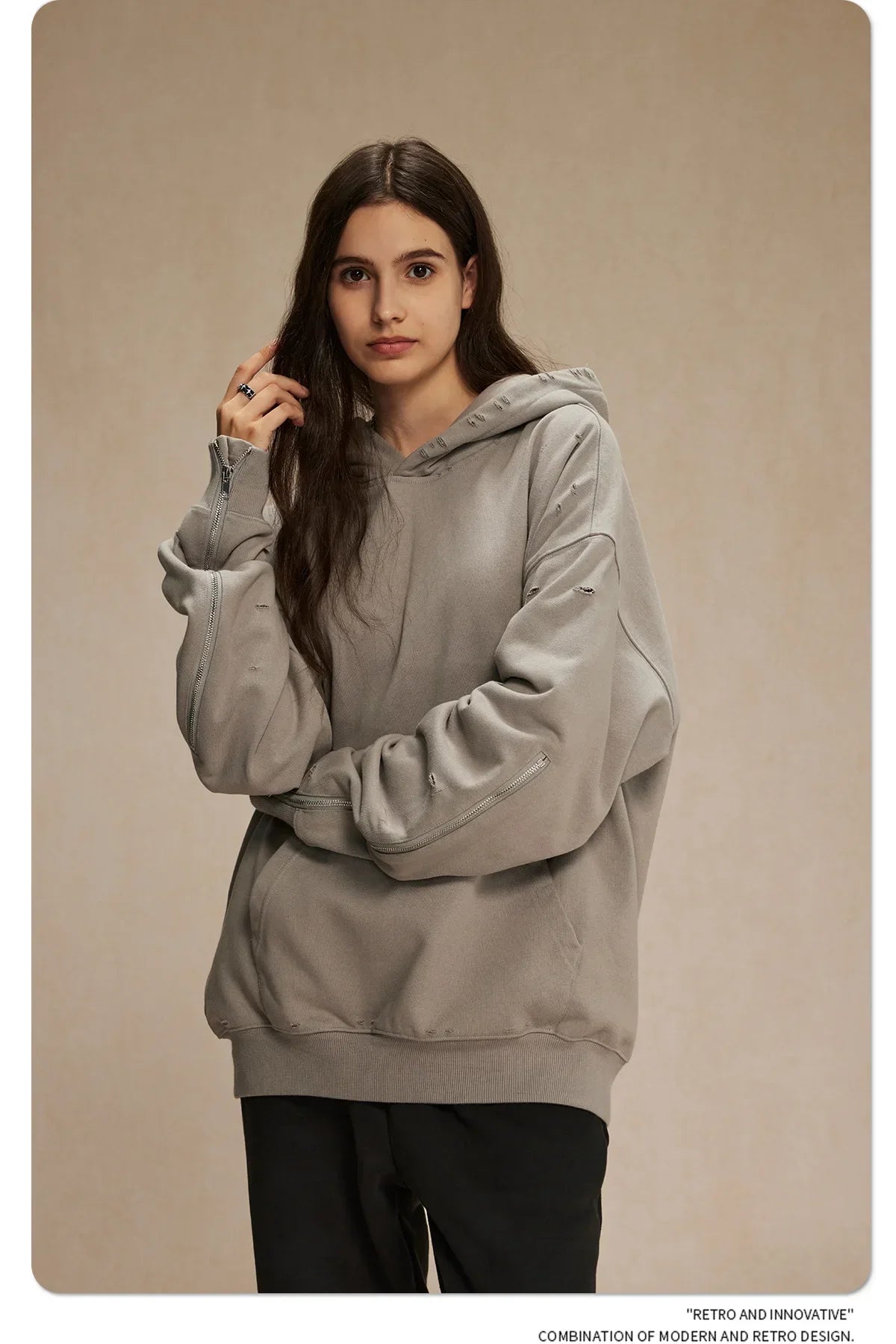 Frayed Woolen Zip-Up Hoodie Sweatshirt