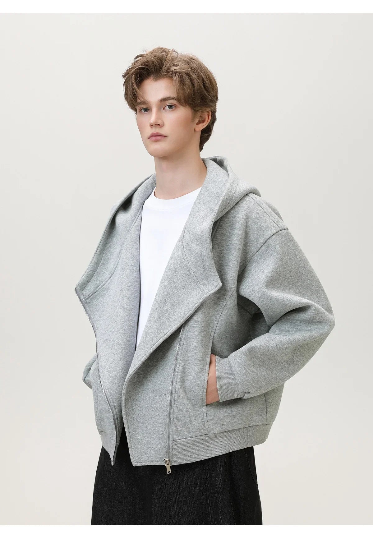 Textured Slant Zipper Hooded Sweatshirt